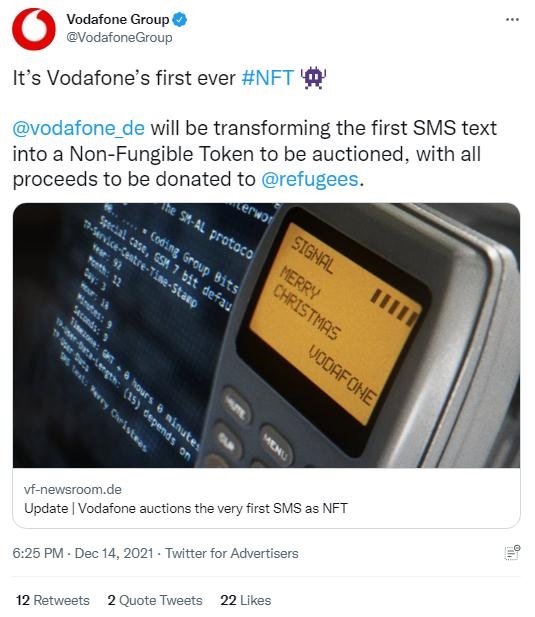 英國沃達(dá)豐公司也表示，計劃將拍賣所得全部捐贈給聯(lián)合國難民署，以支持那些被迫逃離家園的人。(圖片來源：英國沃達(dá)豐公司社交媒體截圖)