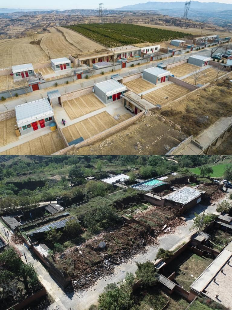拼版照片，上圖是2022年1月山西省霍州市師莊鄉(xiāng)馮南垣村災(zāi)后恢復(fù)重建后的場景，下圖是2021年10月村莊因災(zāi)受損的場景。(霍州市委宣傳部供圖)
