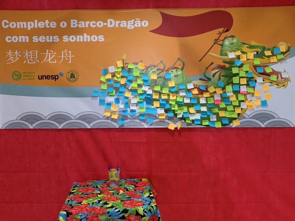 活動現(xiàn)場設(shè)置了“夢想龍舟”環(huán)節(jié)，大家將自己寫下的心愿貼在“龍舟”上，期盼“龍舟”承載自己的夢想駛向更美好的未來。（圣保羅州立大學(xué)孔子學(xué)院供圖）