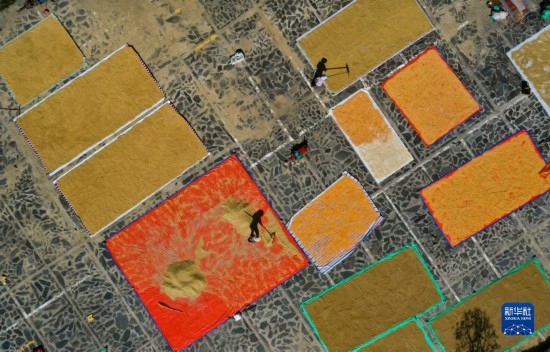 9月16日，貴州省黔東南苗族侗族自治州丹寨縣南皋鄉(xiāng)石橋村村民在晾曬農(nóng)作物（無人機照片）。