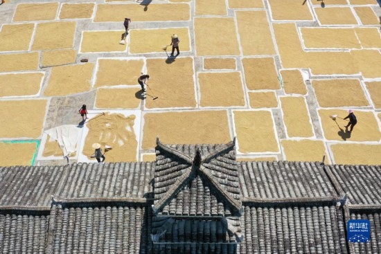 9月16日，村民在貴州省黔東南苗族侗族自治州從江縣剛邊壯族鄉(xiāng)三聯(lián)村晾曬稻谷（無人機照片）。