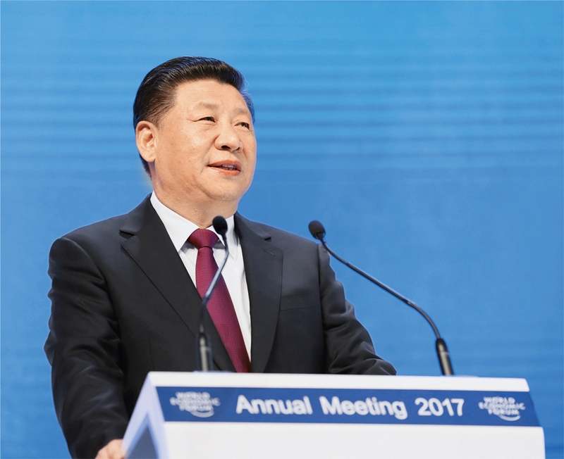 2017年1月17日，習(xí)近平主席在瑞士達(dá)沃斯國際會(huì)議中心出席世界經(jīng)濟(jì)論壇2017年年會(huì)開幕式，并發(fā)表題為《共擔(dān)時(shí)代責(zé)任 共促全球發(fā)展》的主旨演講。