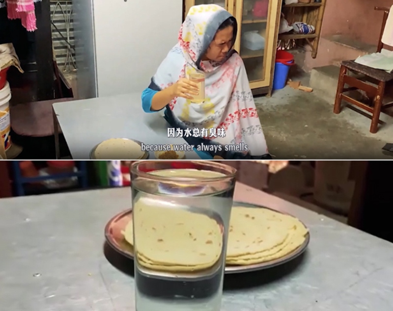 圖為紀(jì)實(shí)短片截圖：上圖為水質(zhì)未改善前，飲用水發(fā)黃渾濁；下圖為水廠建成后，飲用水水質(zhì)明顯改善，清澈透明。