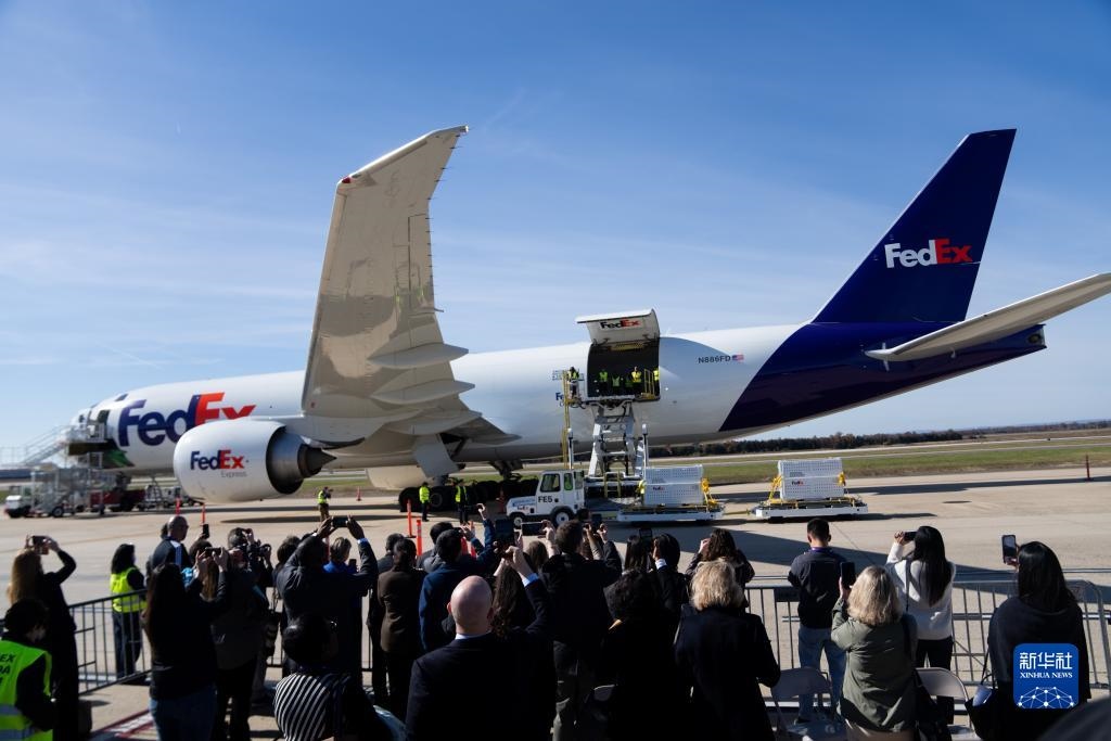 11月8日，在美國弗吉尼亞州的華盛頓杜勒斯國際機場，裝有大熊貓的特制“旅行包廂”準(zhǔn)備運上專機。新華社記者劉杰攝