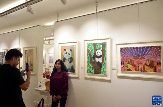 11月22日，在孟加拉國(guó)達(dá)卡，人們?cè)凇皣?guó)家印象”繪畫展上參觀拍照。新華社發(fā)（薩利姆攝）