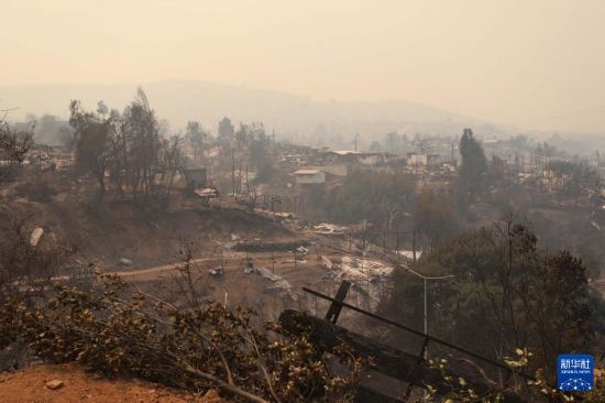 這是2月3日在智利瓦爾帕萊索大區(qū)比尼亞德爾馬市拍攝的在森林火災(zāi)中燒毀的房屋。新華社發(fā)