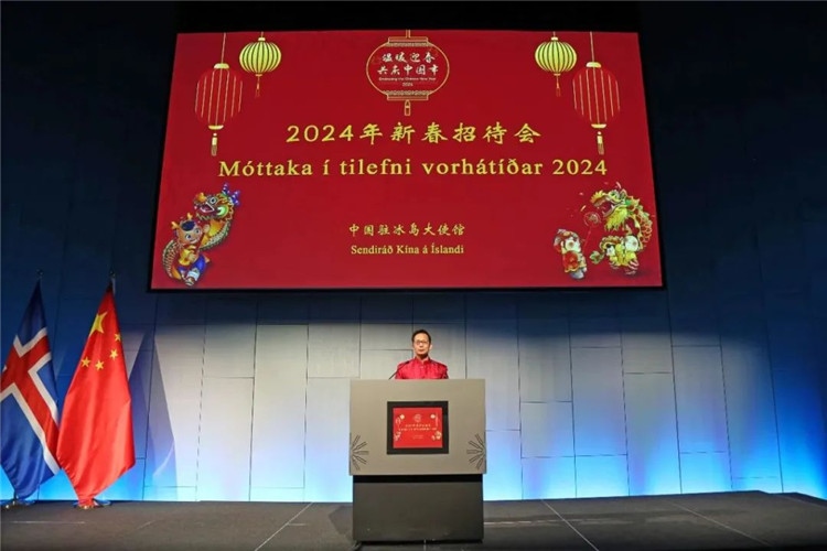 中國(guó)駐冰島大使何儒龍致辭。中國(guó)駐冰島大使館供圖