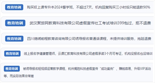 “人民投訴”用戶舉報(bào)機(jī)構(gòu)虛假宣傳包過包拿證、虛假承諾收益效果、課程服務(wù)貨不對板、退款難等在線教培亂象。（“人民投訴”平臺(tái)截圖）