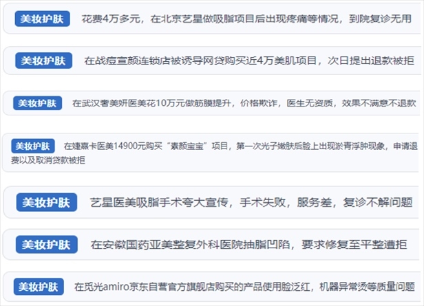 “人民投訴”用戶舉報(bào)醫(yī)美未達(dá)預(yù)期效果或?qū)е律眢w損傷退款遭拒、機(jī)構(gòu)及服務(wù)人員虛假資質(zhì)、被誘導(dǎo)高額醫(yī)美貸、網(wǎng)購美容儀器質(zhì)量不過關(guān)等問題。（“人民投訴”平臺(tái)截圖）