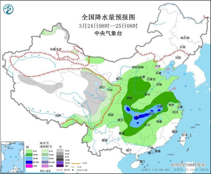 全國(guó)降水量預(yù)報(bào)圖(3月24日08時(shí)-25日08時(shí))。圖片來(lái)源：中央氣象臺(tái)網(wǎng)站