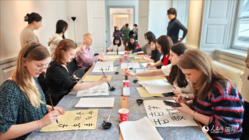 瑞典書法愛好者專心學(xué)習(xí)書法。人民網(wǎng)記者 殷淼攝