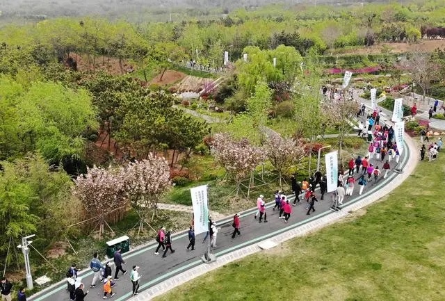 4月27日，登山愛好者在浮山森林公園參加登山健身活動（無人機照片）。新華社記者 李紫恒攝