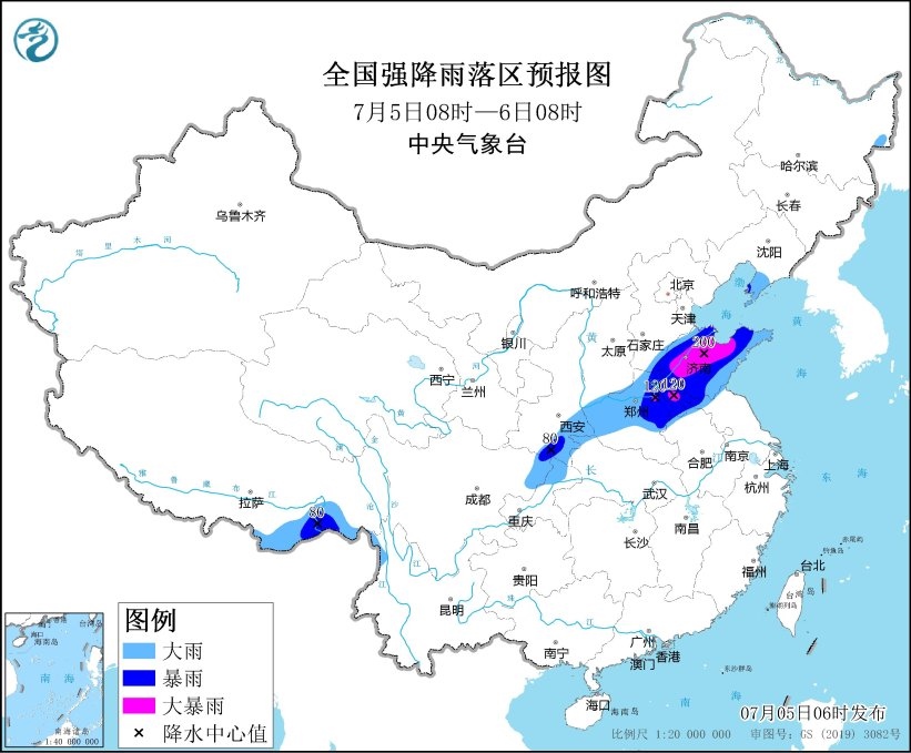 全國強降水落區(qū)預(yù)報(7月5日08時-6日08時)