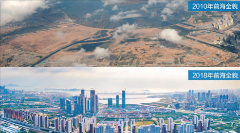 △在前海石公園的前海開發(fā)開放成果展示墻上，一張八年間的前海全貌對比圖。