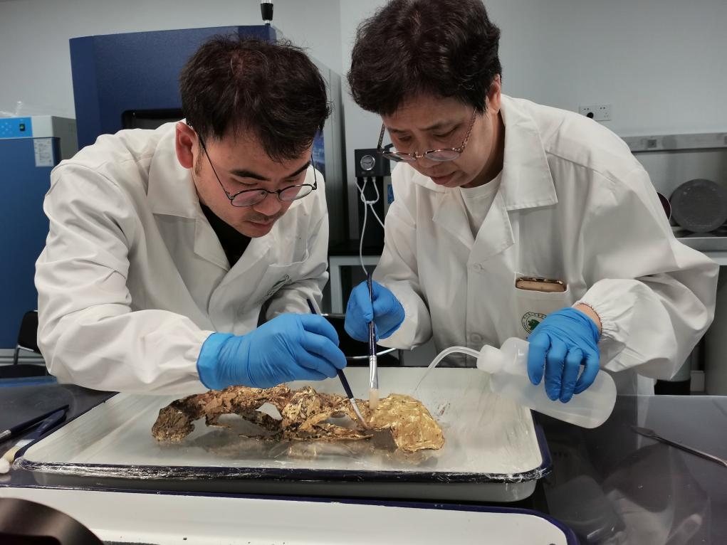 2023年7月，馬燕如（右）帶著魯海子（左）修復(fù)三星堆遺址出土的黃金面具。新華社發(fā)（四川省文物考古研究院供圖）