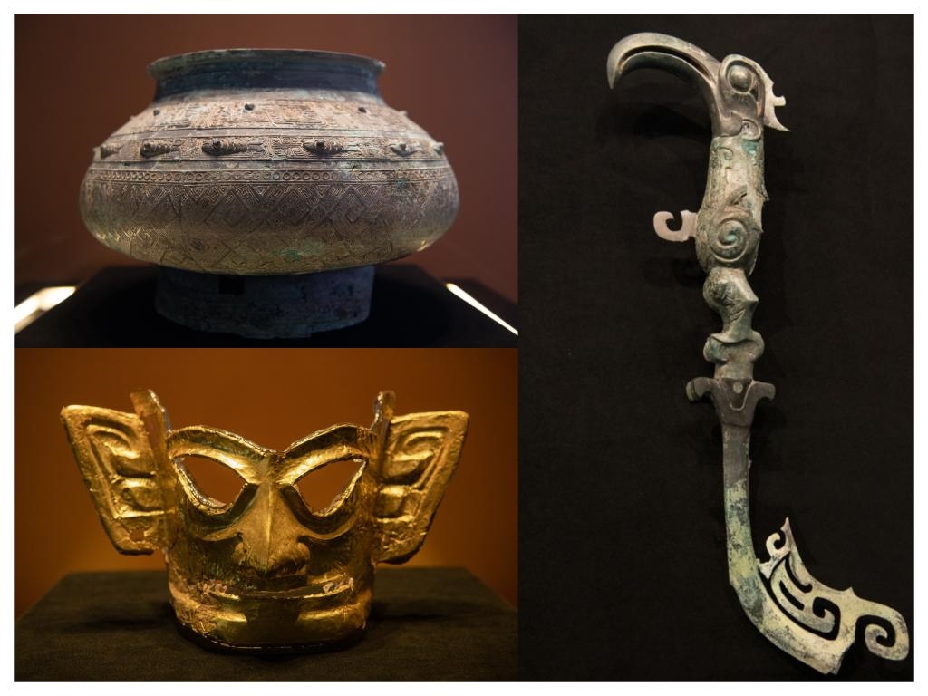 拼版照片：左上圖為青銅瓿，左下圖為黃金面具，右圖為青銅樹枝。新華社記者唐文豪 攝