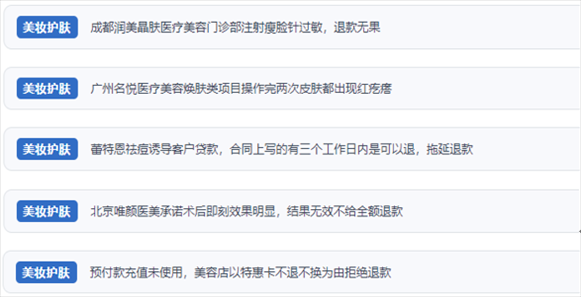 網(wǎng)友涉及醫(yī)美機(jī)構(gòu)虛假宣傳、誘導(dǎo)消費(fèi)、致傷客戶、違約不退費(fèi)等消費(fèi)侵權(quán)的相關(guān)投訴。（“人民投訴”用戶投訴截圖）