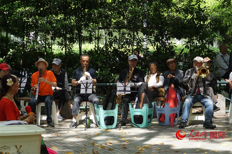 成都居民在公園里演奏歌曲。人民網(wǎng) 王禹蘅攝