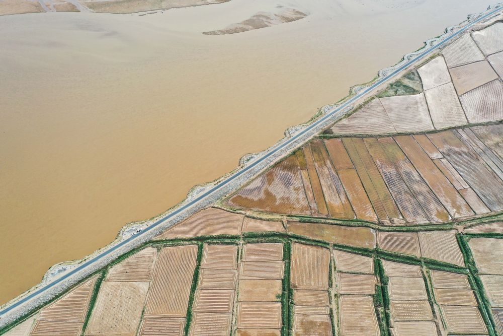 2024年5月26日在內(nèi)蒙古巴彥淖爾市臨河區(qū)拍攝的黃河（無人機(jī)照片）。巴彥淖爾市位于黃河“幾字彎”北端，擁有富饒的河套灌區(qū)，引黃灌溉面積達(dá)1000多萬畝。近年來，在引黃灌溉工程支撐下，河套灌區(qū)年均糧食總產(chǎn)量達(dá)60億斤以上。