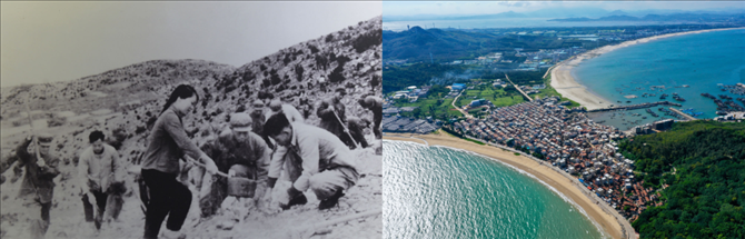 拼版照片：左圖為東山縣群眾在荒山上種植樹苗（資料照片）；右圖為2020年6月18日拍攝的東山縣陳城鎮(zhèn)澳角村附近風(fēng)光（無(wú)人機(jī)照片，新華社記者 姜克紅 攝）。