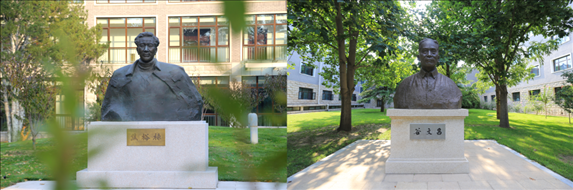 △左圖為中央黨校（國家行政學(xué)院）校園內(nèi)的焦裕祿雕塑，右圖為校園內(nèi)的谷文昌雕塑。
