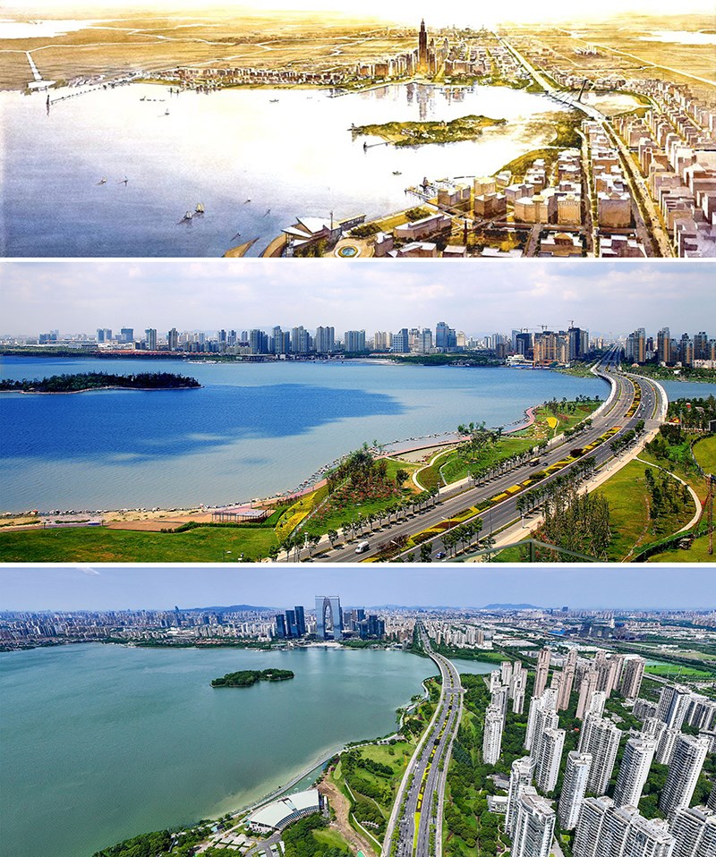 拼版照片：上圖為1994年繪制的蘇州工業(yè)園區(qū)手繪規(guī)劃圖；中圖為2007年拍攝的蘇州工業(yè)園區(qū)；下圖為2023年7月4日用無(wú)人機(jī)拍攝的蘇州工業(yè)園區(qū)。