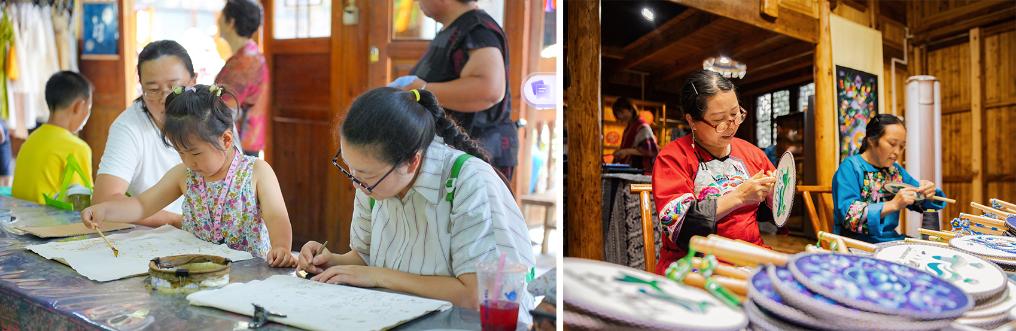 左圖：近期，游客在黎平縣肇興侗寨體驗非遺蠟染藝術（黎平縣委宣傳部供圖）；右圖：這是2024年拍攝的繡娘在十八洞村梨子寨苗繡鄉(xiāng)村振興示范基地制作苗繡產品（湘西州委宣傳部供圖）。