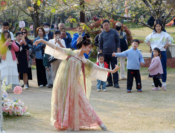 清明假期期間，上海顧村公園櫻花島上，游客在觀賞國(guó)風(fēng)漢服快閃表演。（圖片來(lái)源：視覺(jué)中國(guó)）
