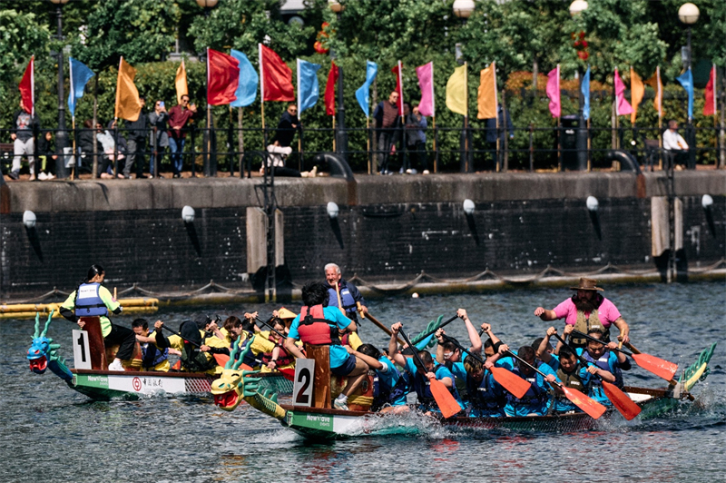 中英雙方的參賽隊(duì)伍參與龍舟競(jìng)渡。楊浩鵬攝