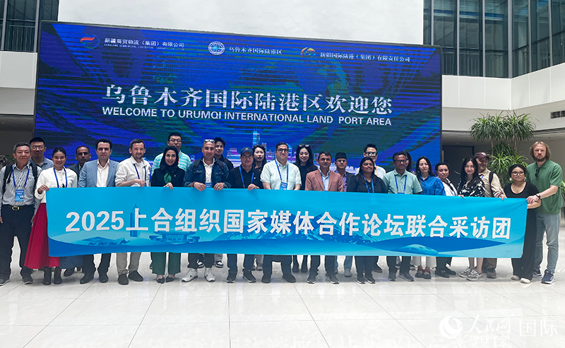 5月26日，外國媒體人在烏魯木齊國際陸港區(qū)合影留念。 人民網(wǎng)記者 翟轉(zhuǎn)麗攝